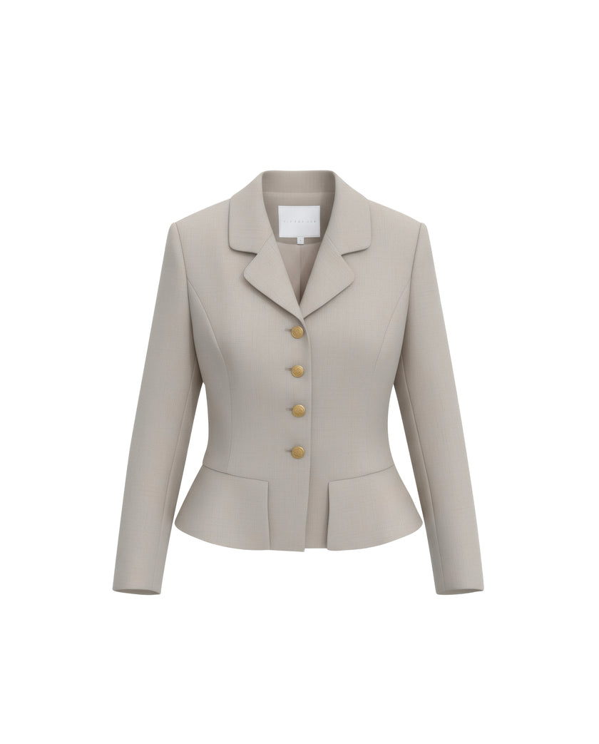 Almond cropped jacket with small notched lapels, front product view