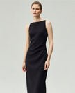 Midi Dress in Black, front view showing the straight neckline and pleated waist