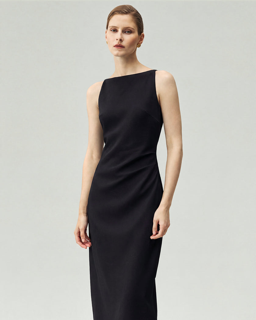 Midi Dress in Black, front view showing the straight neckline and pleated waist