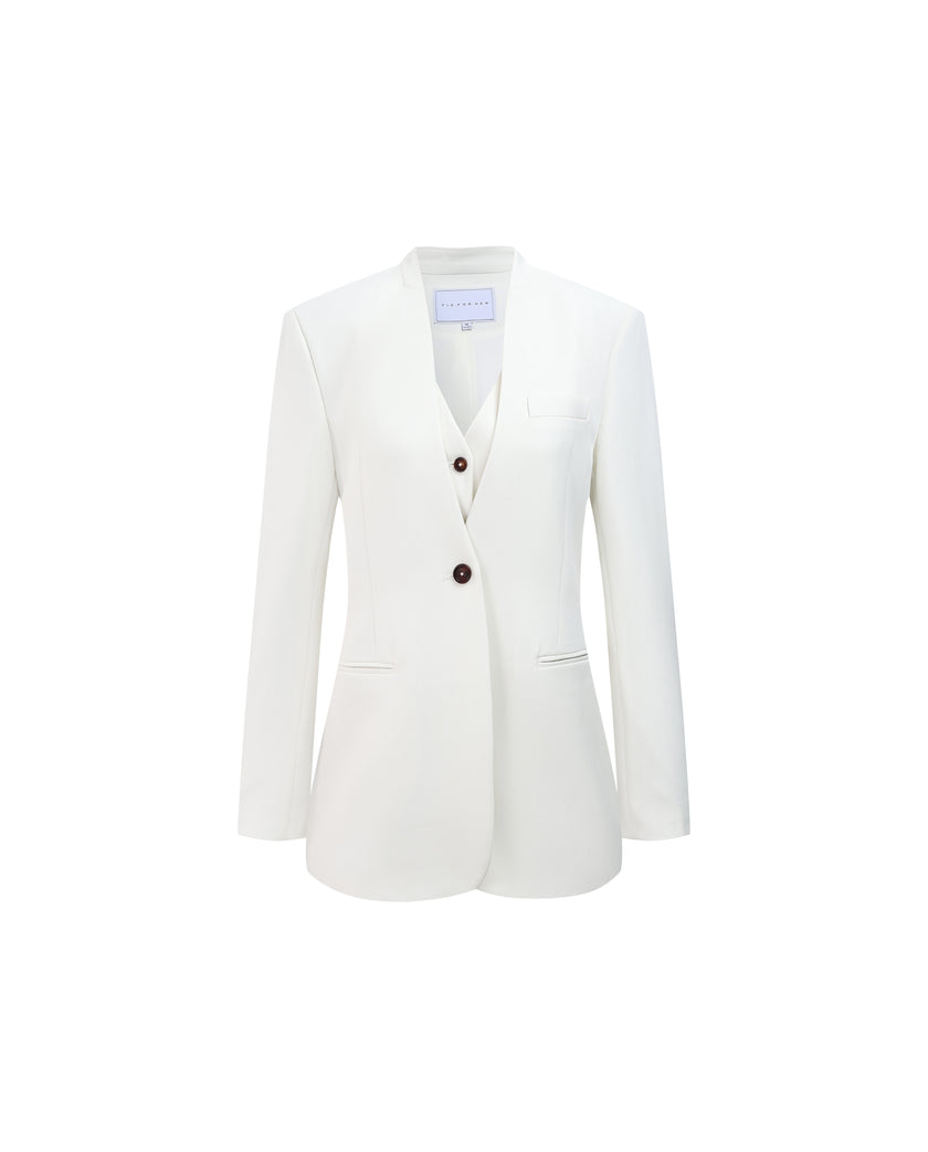 White tailored blazer with removable V-neck inner vest, front product view