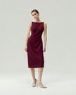 Pleated-waist Strap Dress in Burgundy on model, full-length front styling view