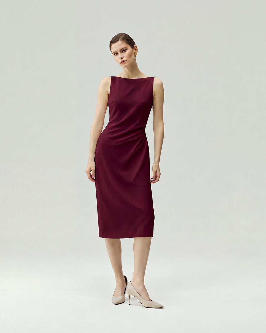Pleated-waist Strap Dress in Burgundy on model, full-length front styling view