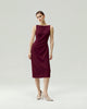 Pleated-waist Strap Dress in Burgundy on model, full-length front styling view