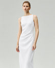 Almond White midi dress, front view showing the straight neckline and slim midi silhouette