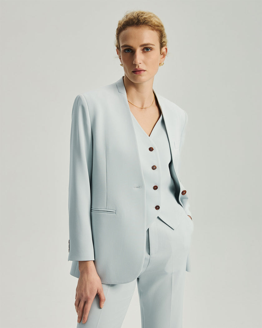 Powder Blue Wells Blazer on model, front styling view highlighting the slim structured silhouette