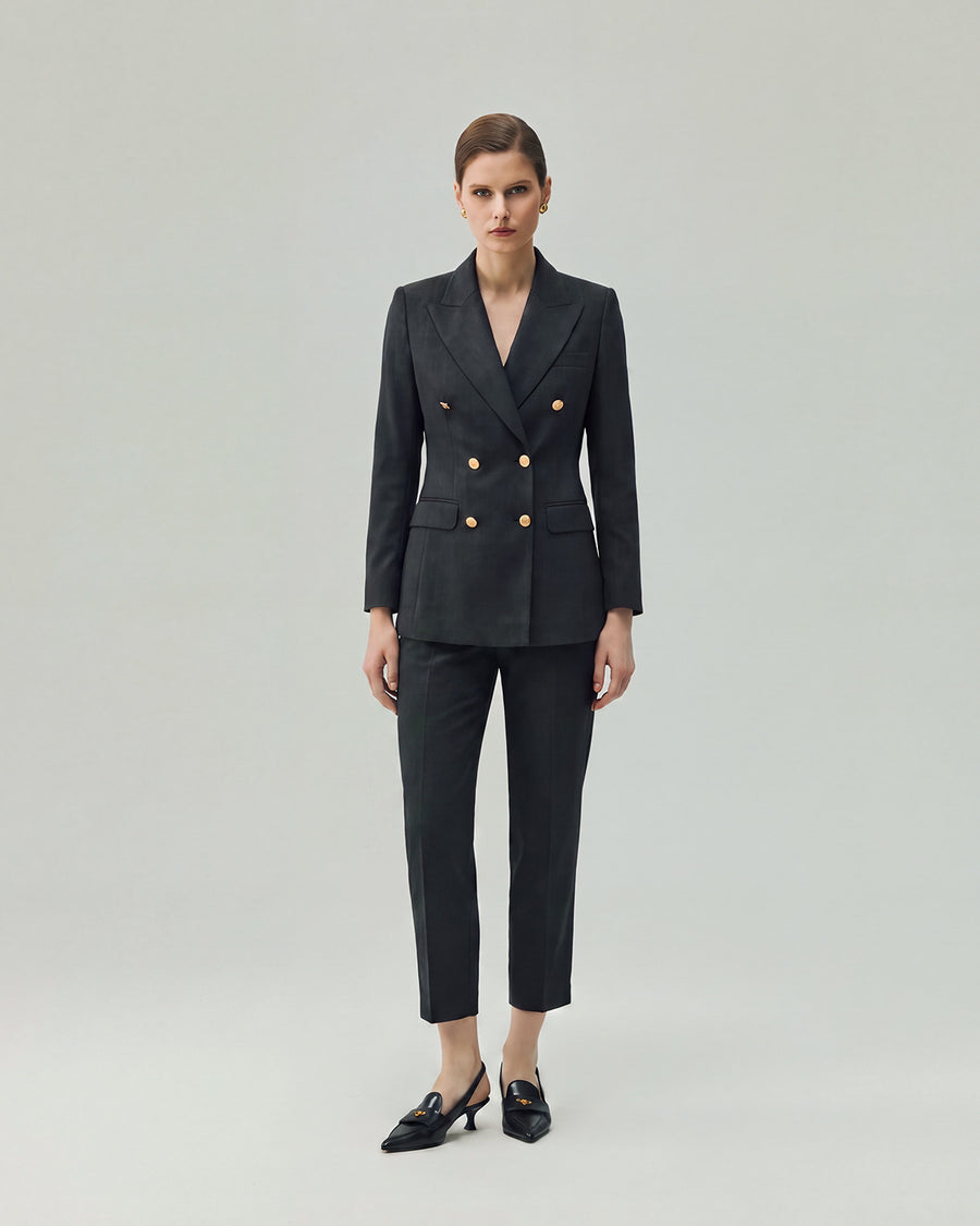 Ace Blazer in Charcoal Grey on model, full-length front styling view