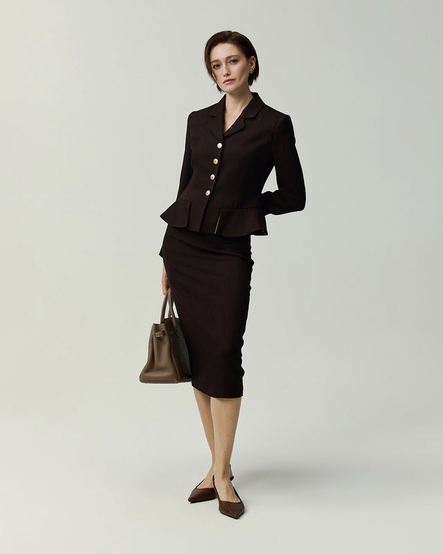 Leiden Jacket in Deep Chocolate on model, full-length front styling view with matching skirt