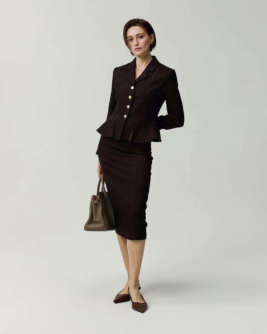 Leiden Jacket in Deep Chocolate on model, full-length front styling view with matching skirt