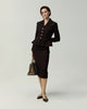 Leiden Jacket in Deep Chocolate on model, full-length front styling view with matching skirt