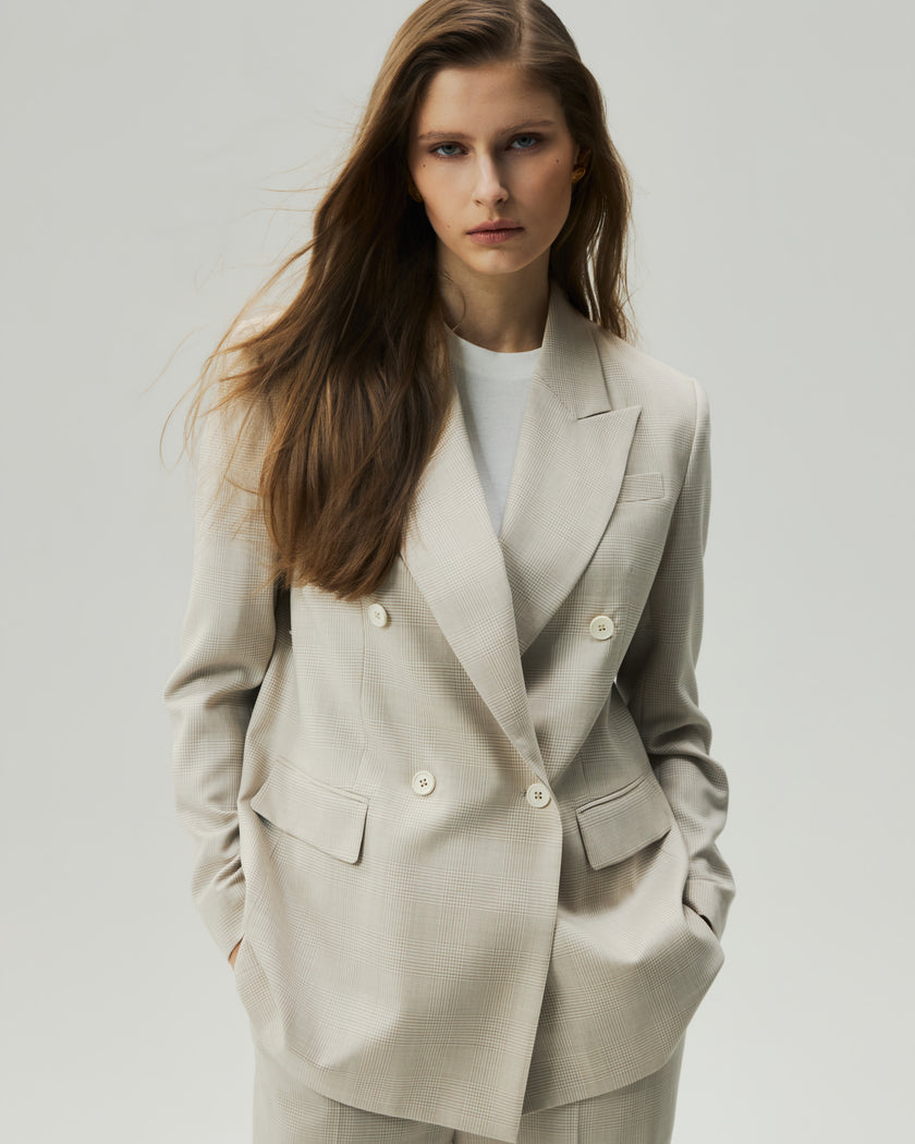 Double-Breasted Blazer Oatmeal Check