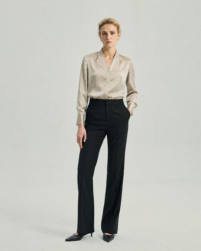 Riva Shirt in Champagne on model, full-length front styling view