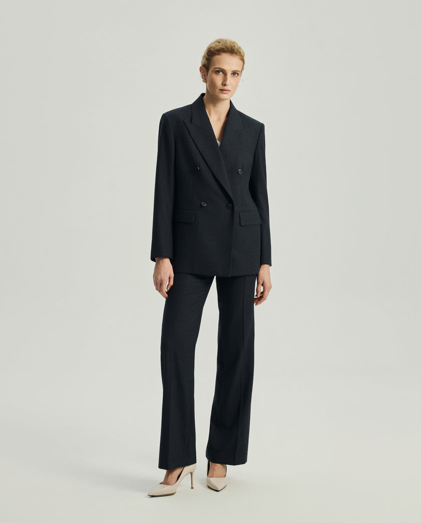 Kai charcoal grey double-breasted blazer styled with matching tailored trousers