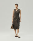 Wrap Dress in Warm Tea Brown on model, full-length front view