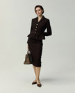 Hopkins Skirt in Deep Chocolate on model, full-length front styling view with matching jacket