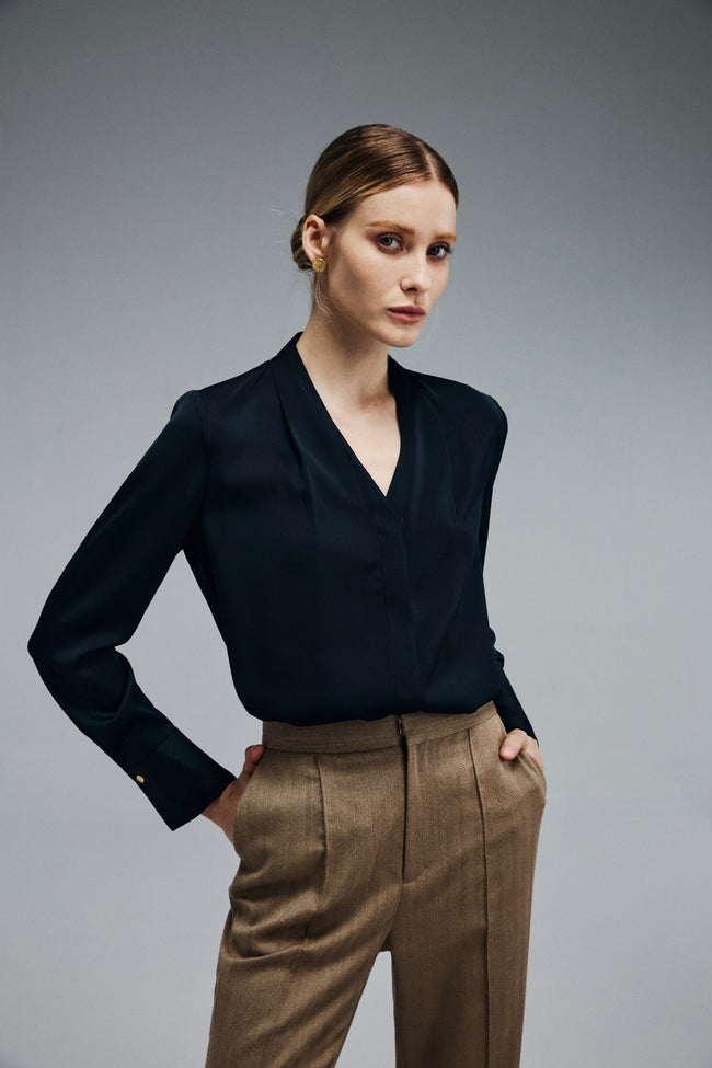 EV Sush™ Riva Loyal Navy Blue Ruched V-neck Shirt