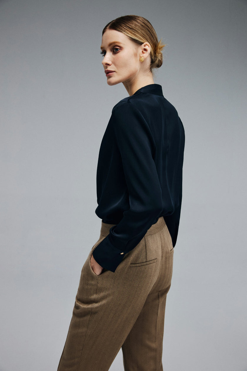 EV Sush™ Riva Loyal Navy Blue Ruched V-neck Shirt