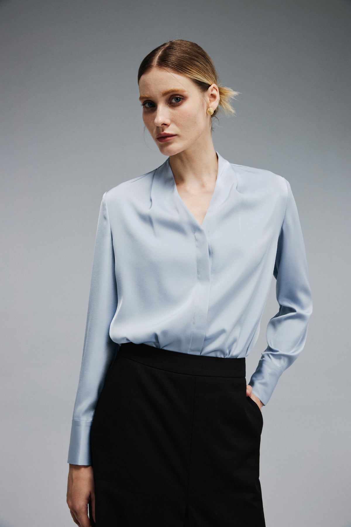 EV Sush™ Riva Glacial Blue Ruched V-neck Shirt Styling