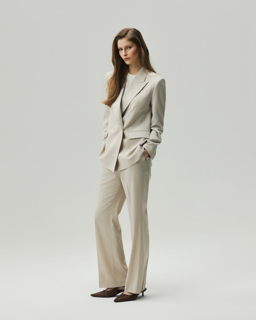 Oatmeal Check straight-leg trousers styled as a matching tailored look, full-length view on model