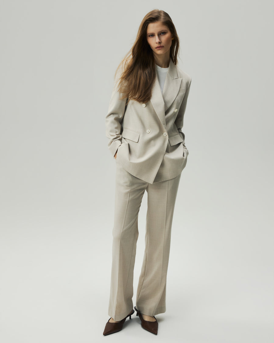 Straight-Leg Trousers in Oatmeal Check on model, full-length front styling view