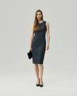 Grey pinstripe sleeveless midi dress on model, full-length front view
