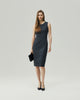 Grey pinstripe sleeveless midi dress on model, full-length front view