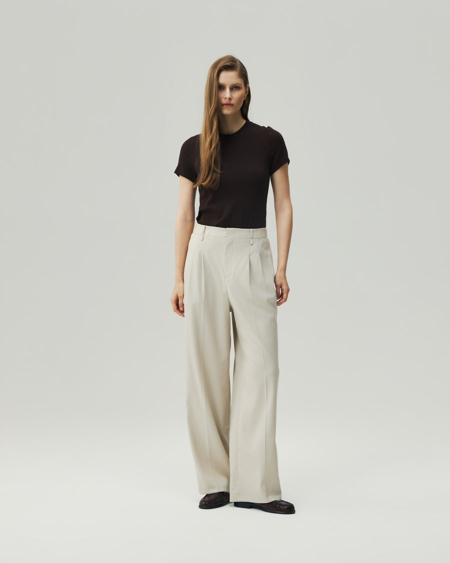 Fitted T-Shirt in Brown on model, full-length front styling view