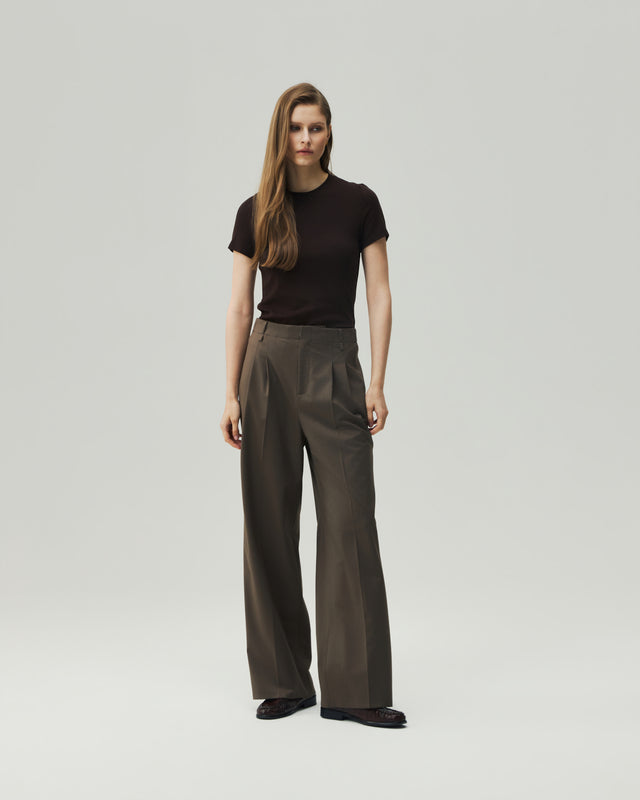 Wide-Leg Trousers in Warm Tea Brown on model, full-length front styling view