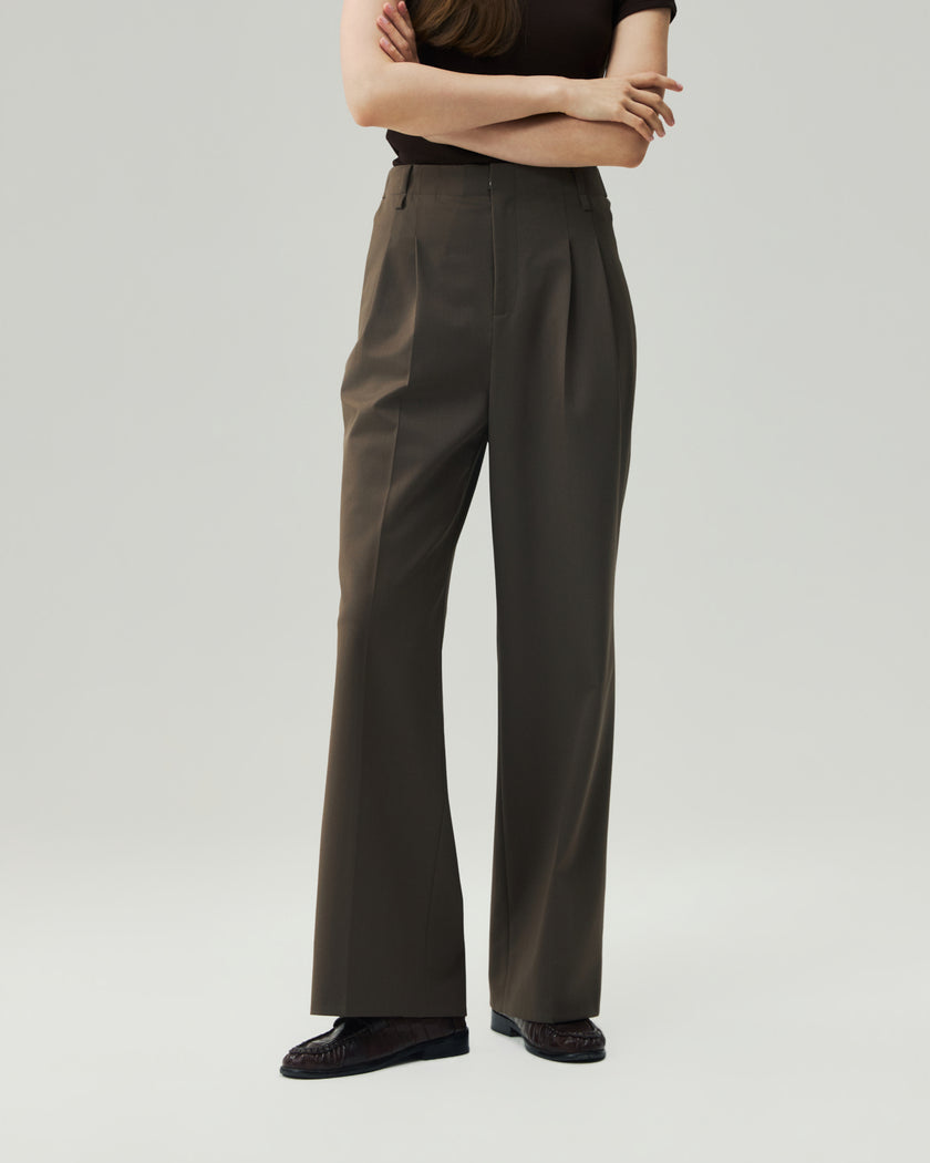 Wide-Leg Trousers in Warm Tea Brown, lower-body front view highlighting the wide straight-leg silhouette