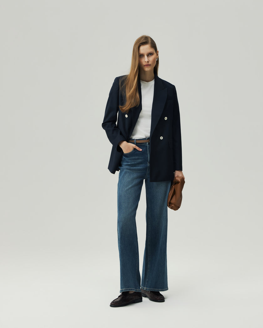 Double-Breasted Blazer Dark Navy Check