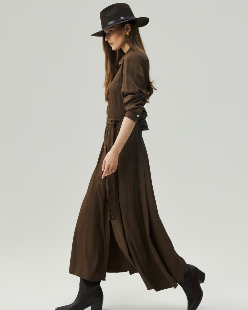 Shirt Dress in Oak Moss on model, walking side view showing the softly flared skirt