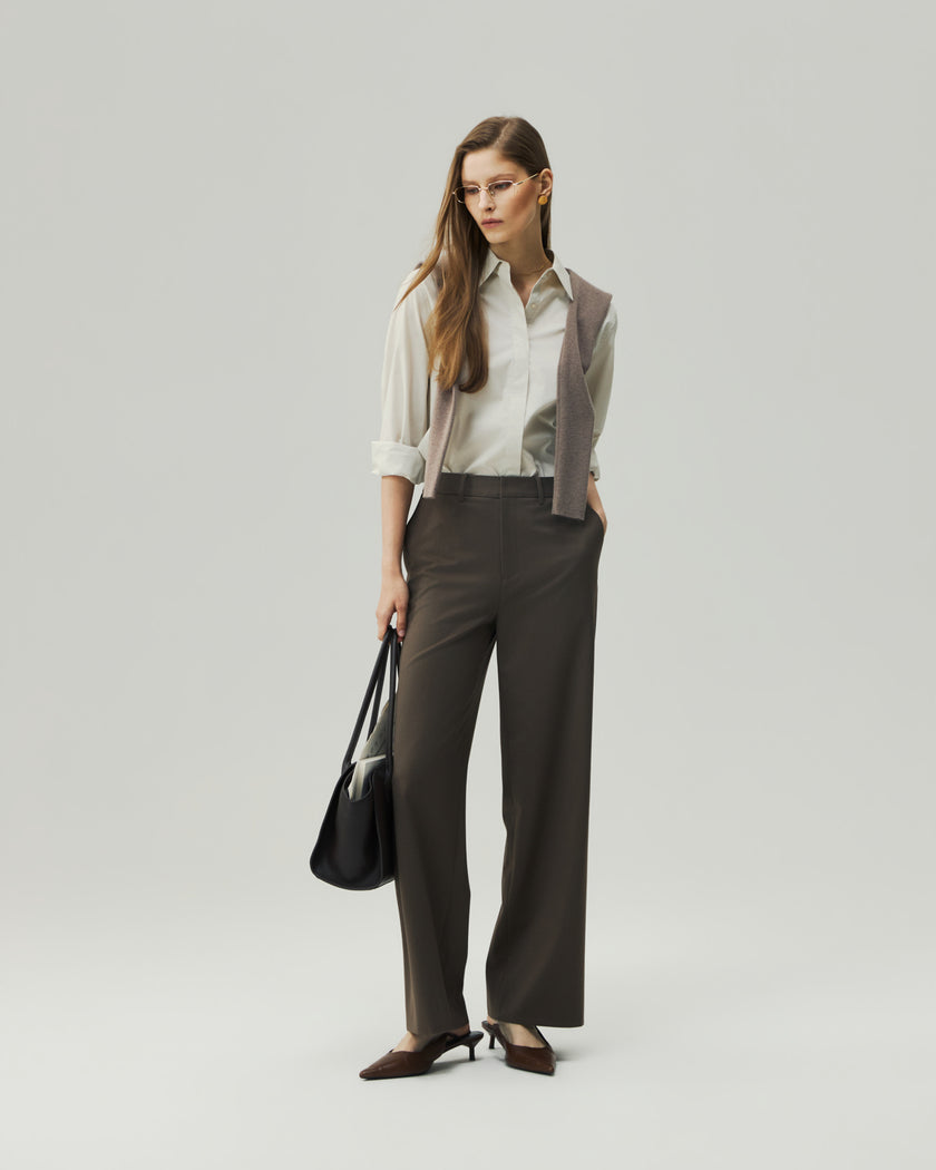 Tailored Shirt in Oatmeal styled with dark trousers, full-length front view