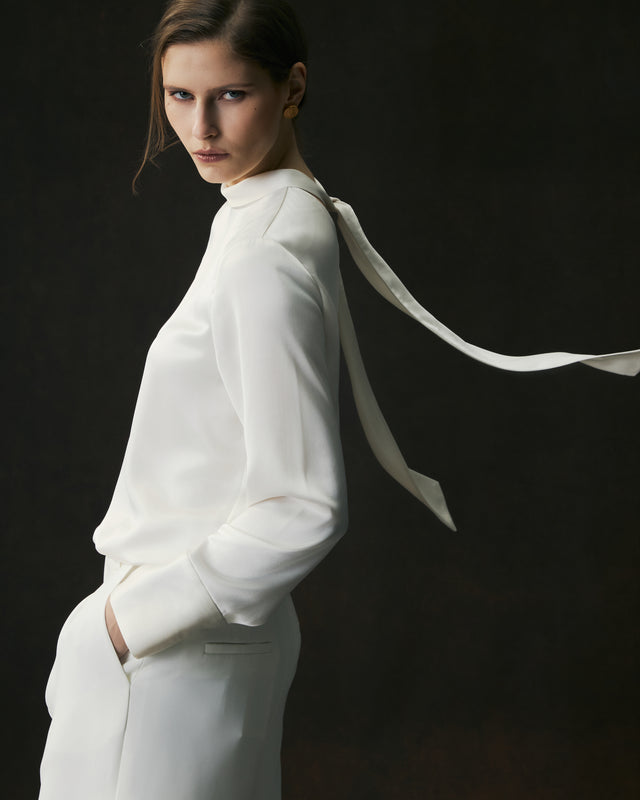 Tie-Neck Satin Blouse Cloud White