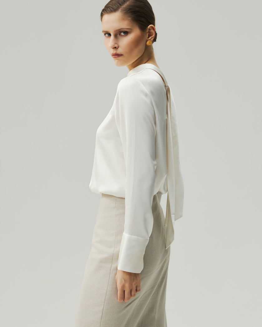 Tie-Neck Satin Blouse Cloud White