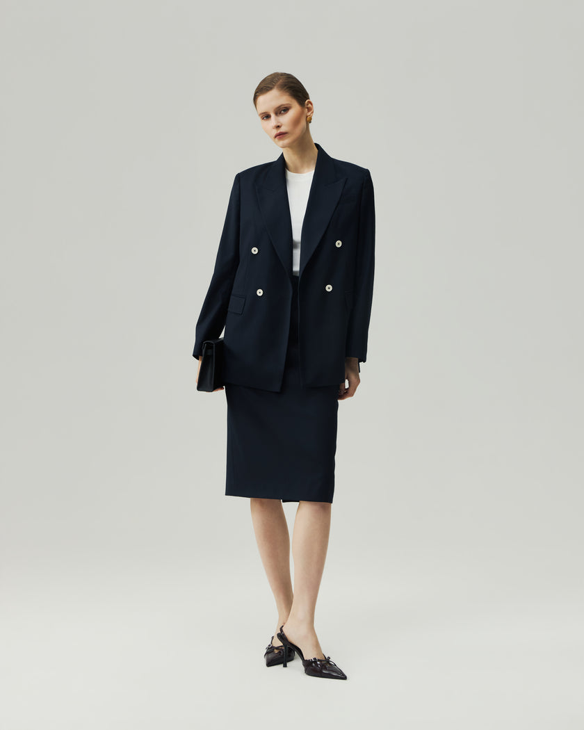 Double-Breasted Blazer Dark Navy Check