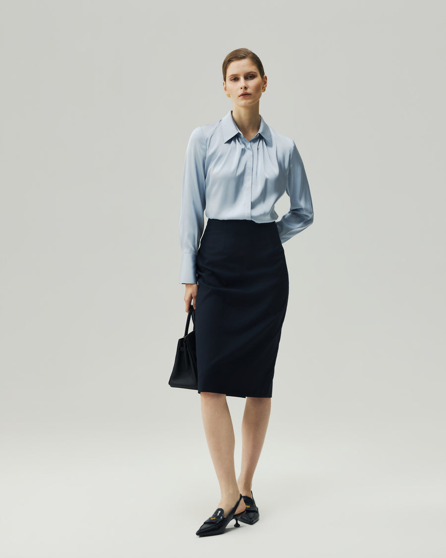 Blouse in Glacier Blue on model, full-length front styling view