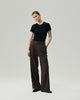Black fitted T-shirt on model, full-length front view
