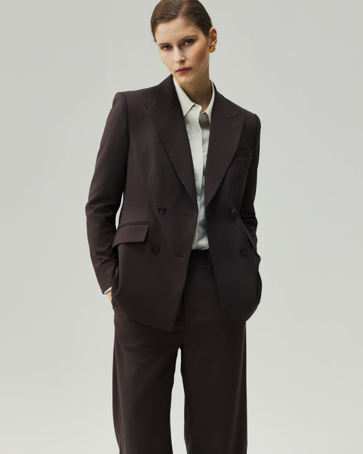 Sculpted Double-Breasted Blazer Ebony Brown Styling