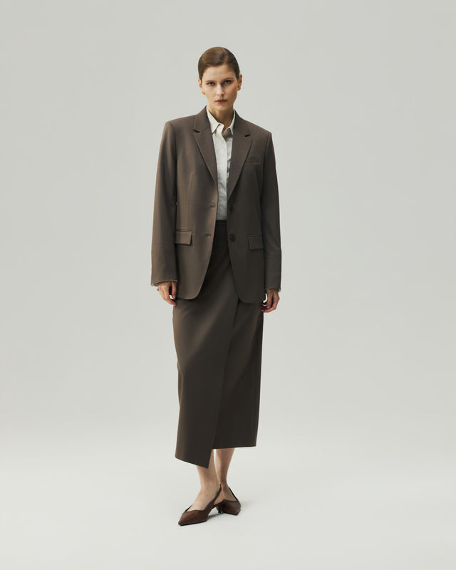 Single-Breasted Blazer in Warm Tea Brown on model, full-length front styling view