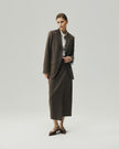 Warm Tea Brown wrap skirt on model, three-quarter tailored styling view