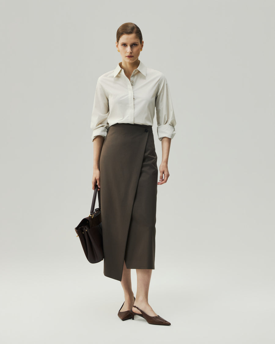 Wrap Skirt in Warm Tea Brown on model, full-length front styling view