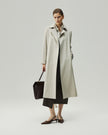 Trench Coat in Oatmeal Beige on model, highlighting the open front and collar