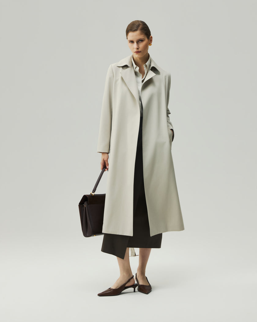 Trench Coat in Oatmeal Beige on model, highlighting the open front and collar