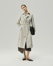 Trench Coat in Oatmeal Beige on model, full-length front styling view
