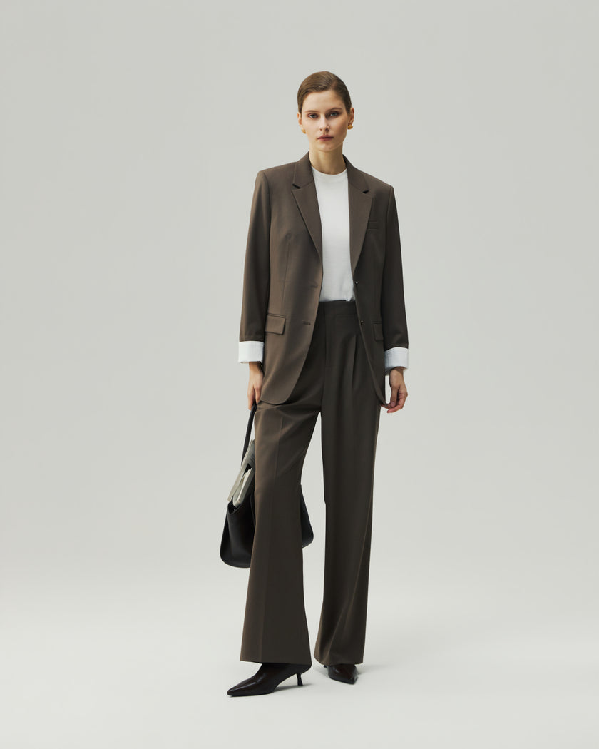 Wide-Leg Trousers in Warm Tea Brown styled with coordinated blazer, full-length tailored look
