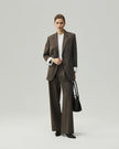 Single-Breasted Blazer in Warm Tea Brown styled with matching trousers, full-length tailored look