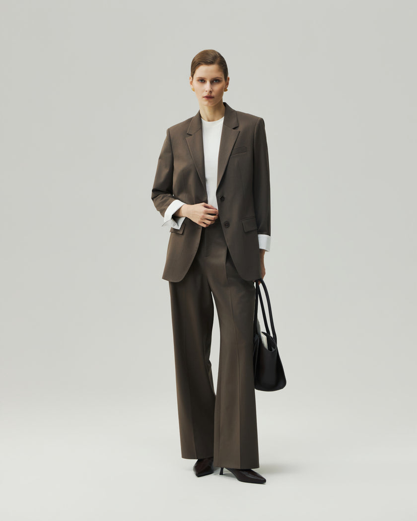 Single-Breasted Blazer in Warm Tea Brown styled with matching trousers, full-length tailored look