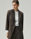 Warm Tea Brown single-breasted blazer, front detail showing the notched lapels and turn-back cuffs