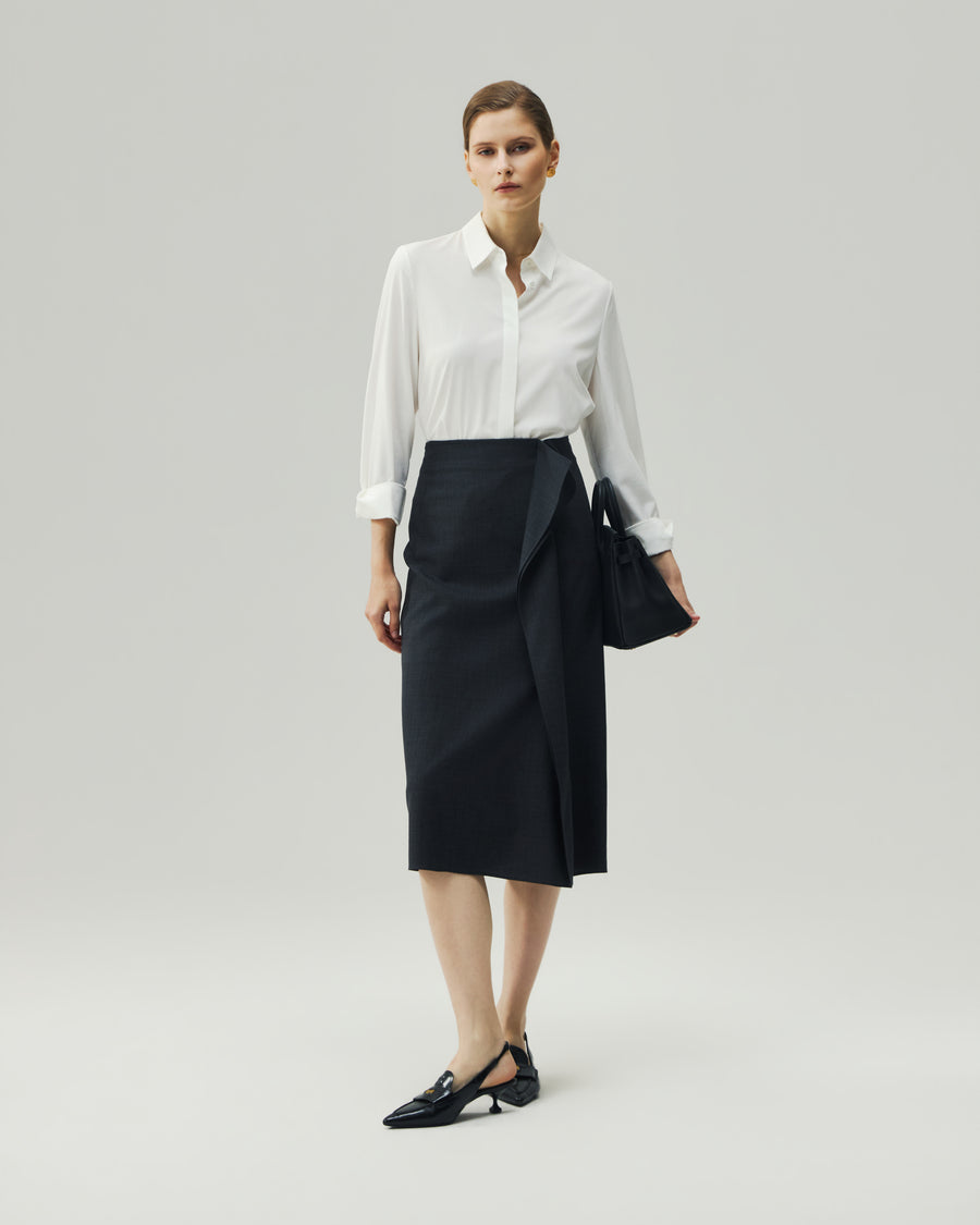 Asymmetric Skirt in Charcoal Grey on model, full-length front styling view