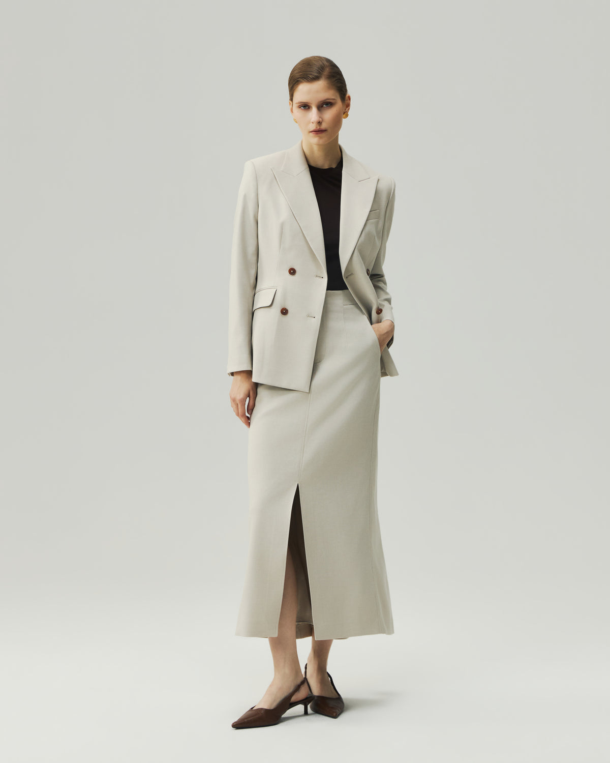 High-Waisted Front-Slit Skirt-LéSem™022 — Oatmeal Styling