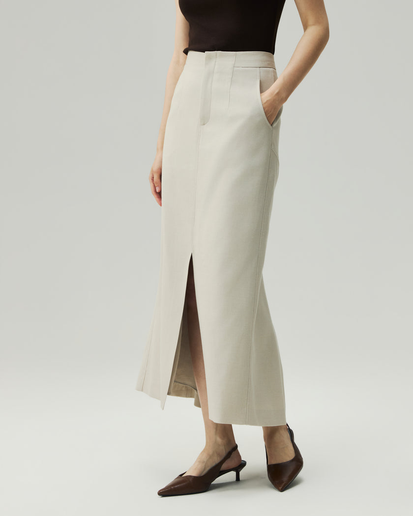 High-Waisted Front-Slit Skirt-LéSem™022 — Oatmeal